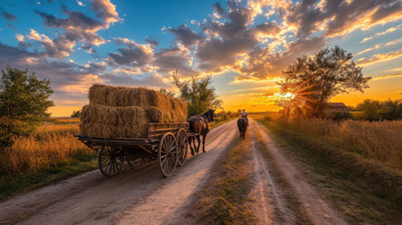 A serene countryside scene showcasing a horse-drawn cart filled with straw as it moves along a dirt road during a stunning sunset. The vibrant colors and low light create a peaceful, rustic atmosphere perfect for capturing the essence of rural life.の素材