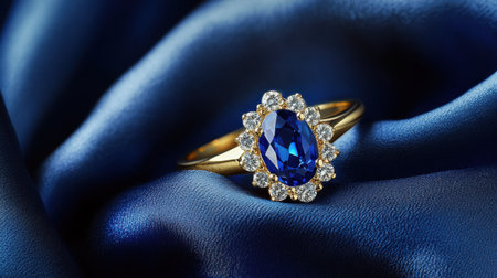 A stunning sapphire ring nestled among sparkling diamonds, elegantly set against a backdrop of rich blue satin fabric, showcasing unparalleled luxury and beauty.の素材