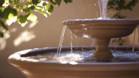 A serene outdoor fountain in a garden setting, surrounded by lush greenery. Water flows gracefully, creating a calming ambiance perfect for relaxation.の素材