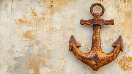 A striking image of a vintage rusty anchor mounted on a weathered wall, showcasing rich textures and a rustic aesthetic, ideal for nautical-themed projects.の素材