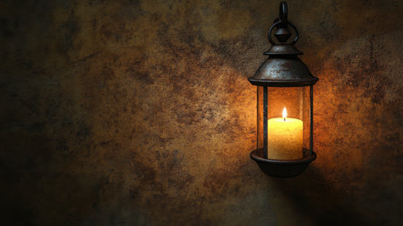 An antique lantern casts a warm glow on a textured rustic wall, featuring a softly flickering candle. This image captures tranquility and cozy ambiance.の素材