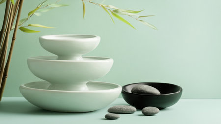 This image features a harmonious arrangement of minimalist plates and smooth stones set against a soft green backdrop, evoking tranquility and elegance.の素材
