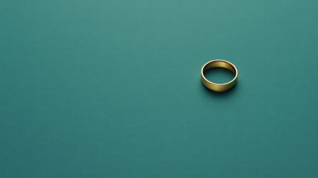 A stunning gold ring is placed on a serene teal background, embodying elegance and simplicity, perfect for representing love and commitment.の素材