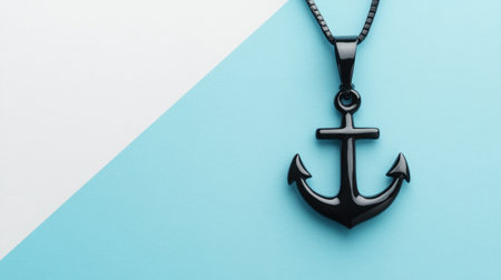 A stunning black anchor pendant necklace rests on a soft blue and white background, showcasing a blend of elegance and minimalism in jewelry design.の素材