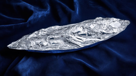 A striking metallic surface rests elegantly against a dark fabric backdrop, showcasing intricate textures and curves that inspire creativity and elegance.の素材