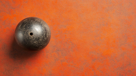 A detailed view of a vintage bowling ball resting on a vibrant orange surface, showcasing its unique texture and shape, ideal for sports-themed projects.の素材