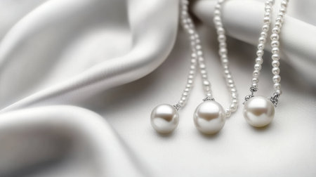 This stunning image features elegant pearls delicately resting on luxurious satin fabric, perfect for showcasing exquisite jewelry and fashion styling.の素材