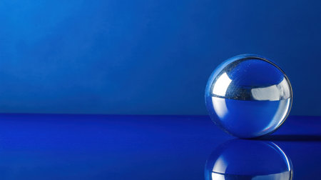 A reflective sphere rests on a vibrant blue surface, creating an interesting visual effect with soft shadows and clean lines, perfect for artistic designs.の素材