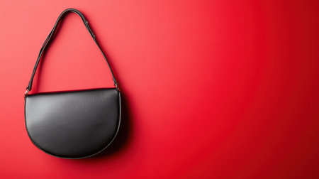 This image features an elegant black handbag set against a vibrant red background, highlighting its minimalistic design and contemporary style in fashion.の素材
