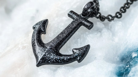 This stunning black glitter anchor pendant necklace is set against a marble background, creating a perfect blend of style and elegance. Ideal for fashion lovers.の素材
