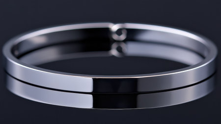 This elegant silver bracelet features a smooth finish, designed for a modern aesthetic. Its sophisticated reflection on a black surface highlights its beauty, making it a perfect accessory for various fashion styles.の素材