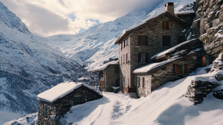 A stunning winter scene featuring traditional stone houses nestled in a snow-covered mountain landscape, embodying the serene beauty of an alpine village.の素材
