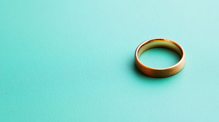 A beautifully crafted gold ring rests on a smooth teal background, perfect for wedding or jewelry concepts. This elegant image captures luxury and romance.の素材