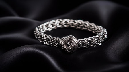 Captivating silver bracelet featuring a stunning knot design, elegantly displayed on smooth black fabric, showcasing exquisite craftsmanship and style.の素材