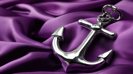 An exquisite close-up of a shiny silver anchor resting on luxurious purple satin fabric, highlighting rich textures and elegant styling ideal for various design uses.の素材