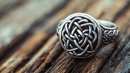A captivating close-up of a silver ring featuring a detailed Celtic knot design, resting on a textured wooden surface, showcasing elegance and craftsmanship.の素材