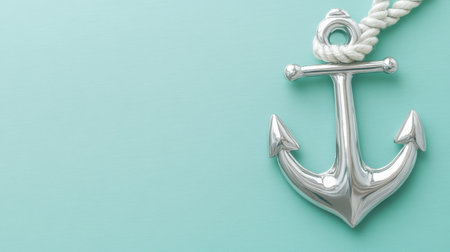This image features a shiny metal anchor with a white rope on a soft aqua background, evoking a tranquil nautical atmosphere, ideal for various creative projects.の素材