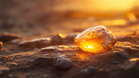 A radiant gemstone lies on a sandy surface, illuminated by the warm hues of sunset. This captivating image captures the essence of tranquility and nature's beauty.の素材
