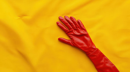 This image features a bright red rubber glove resting on a vivid yellow background, symbolizing cleaning and protection in various settings.の素材