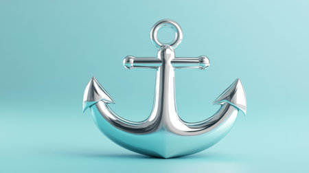 This image features a shiny silver anchor on a soft blue background, perfect for themes related to maritime, travel, or nautical design concepts.の素材