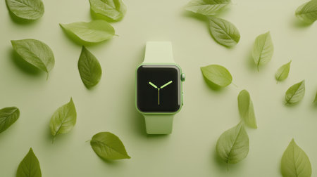 A trendy green smartwatch rests elegantly among fresh leaves on a soft green background, representing a blend of technology and nature for an eco-friendly lifestyle.の素材