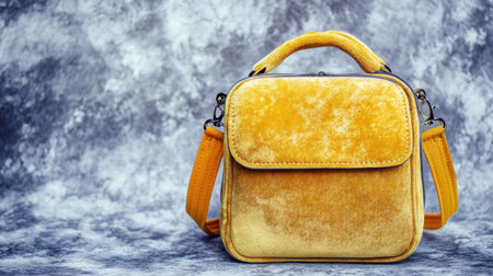 A vibrant yellow velvet handbag resting on a textured grey background, ideal for showcasing modern fashion trends and stylish accessories in photography.の素材