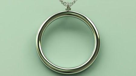 This image showcases a sleek silver ring elegantly suspended on a chain, set against a soft mint green background, perfect for jewelry or fashion themes.の素材