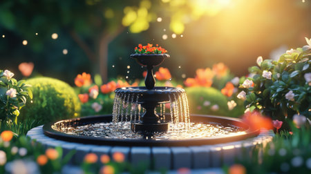 Experience the beauty of a serene garden fountain surrounded by vibrant flowers and lush greenery, all illuminated by soft morning light.の素材