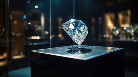 This striking image captures a beautifully cut diamond displayed in an elegant exhibition, featuring soft lighting that enhances its brilliance and clarity.の素材