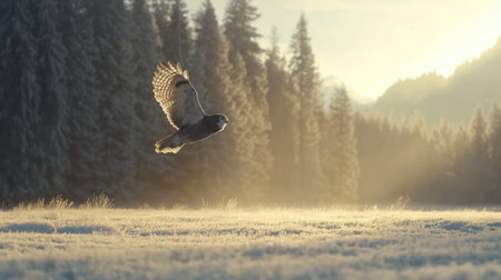 A stunning scene of a majestic owl in flight over a frosty winter landscape. Soft sunlight breaks through towering trees, highlighting the beauty of nature.の素材