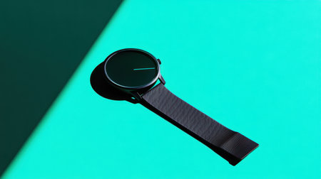 This image showcases a minimalist black watch resting on a vibrant turquoise background, emphasizing modern elegance and stylish simplicity in timepieces.の素材