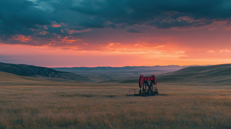 A stunning landscape shows an isolated oil pump against a vibrant sunset and dramatic clouds. The rolling hills and golden grasses create a serene and peaceful atmosphere.の素材