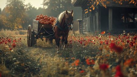 A serene autumn scene depicting a horse pulling a wooden cart filled with bright pumpkins through a colorful flower-dotted field near a vintage barn.の素材