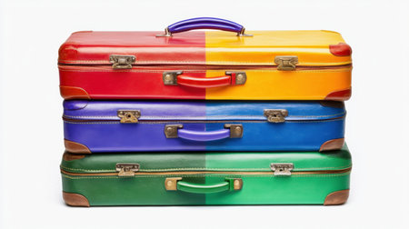 This vibrant image of stacked vintage suitcases showcases a colorful array, perfect for travel, adventure themes, or design inspiration.の素材