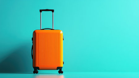 A vibrant orange suitcase stands against a light blue backdrop, capturing the essence of modern travel. Ideal for themes around adventure and travel essentials.の素材