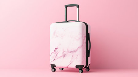This elegant pink marble suitcase stands out with its modern design against a soft pink background, perfect for travel enthusiasts and fashion lovers alike.の素材