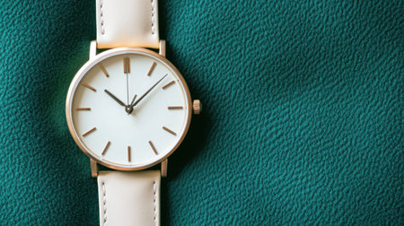 This elegant minimalist watch features a white dial and a beige leather strap, beautifully set against a soft textured background, perfect for stylish displays.の素材