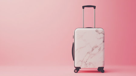 A chic suitcase featuring a stunning marble pattern stands out against a soft pink backdrop, symbolizing trendy travel and modern lifestyle choices.の素材