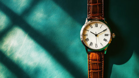 A beautifully crafted watch sits against a textured background, showcasing its elegant design with striking shadows and light. Perfect for fashion lovers.の素材
