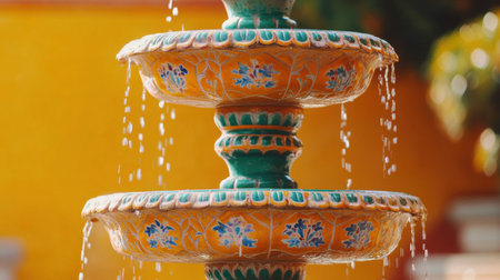 This stunning decorative fountain showcases vibrant colors and intricate designs, perfect for enhancing gardens or serene outdoor spaces. Enjoy the flowing water and artistic details.の素材