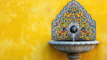 A stunning ornate wall fountain features intricate mosaic tile designs in bright colors against a vibrant yellow background, creating a striking visual element.の素材