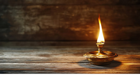 This elegant oil lamp with a bright flame sits on a rustic wooden background, creating a cozy atmosphere perfect for interior decor and relaxation.の素材