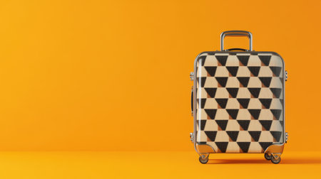 A stylish suitcase featuring a unique geometric pattern stands against a bright orange background, providing a striking visual ideal for travel-themed projects.の素材