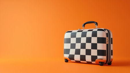This image features a stylish checkered carry-on suitcase set against a vibrant orange background, perfect for travel enthusiasts and fashion-forward travelers.の素材