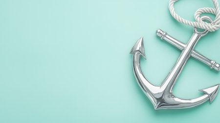 A shiny metallic anchor with a rope elegantly placed on a soft light green background, symbolizing stability and adventure in nautical themes. Ideal for marine art.の素材