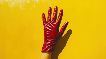 A striking image showcasing a single bright red glove against a vibrant yellow background, perfect for artistic and creative projects.の素材