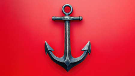 This image features a vintage metal anchor against a striking red background, ideal for maritime themes, nautical decor, and creative projects.の素材