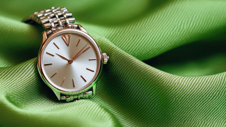 This image features an elegant silver watch resting on luxurious green silk fabric, highlighting the sophistication and beauty of timepieces. Perfect for showcasing high-end accessories in fashion contexts.の素材