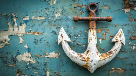 This captivating image features a weathered anchor against a rustic blue wooden background, showcasing peeling paint and vintage charm.の素材