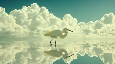 A stunning scene of a white bird walking on a water surface that perfectly reflects the vibrant sky and fluffy clouds, embodying tranquility and elegance.の素材